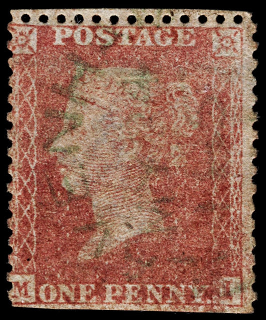 4297 GB SG40 1d Red. Spec 9A. V Scarce Green LAVENHAM Town Postmark. Plate 38. 1857. Sc#20 Perf Faults. C£5000