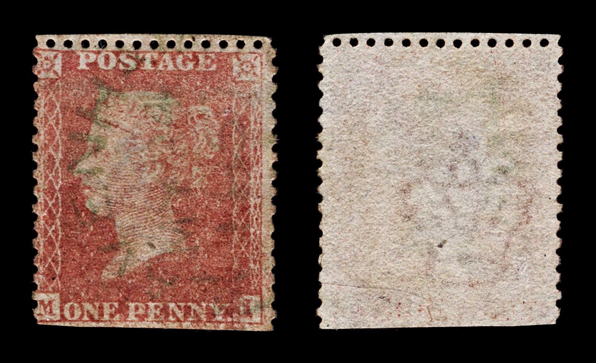 4297 GB SG40 1d Red. Spec 9A. V Scarce Green LAVENHAM Town Postmark. Plate 38. 1857. Sc#20 Perf Faults. C£5000