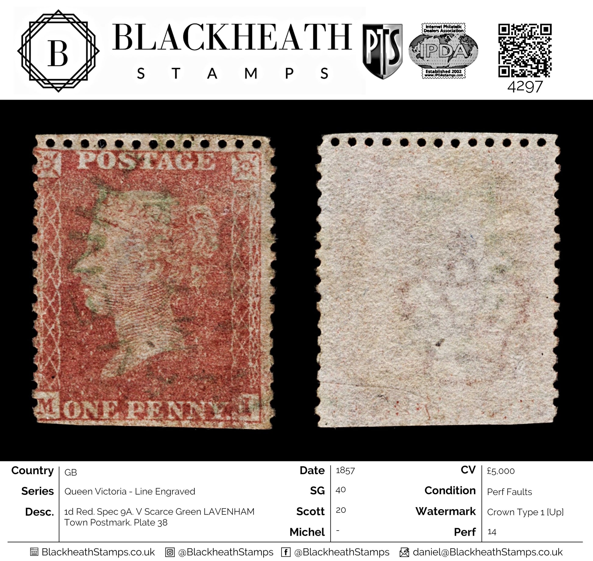 4297 GB SG40 1d Red. Spec 9A. V Scarce Green LAVENHAM Town Postmark. Plate 38. 1857. Sc#20 Perf Faults. C£5000