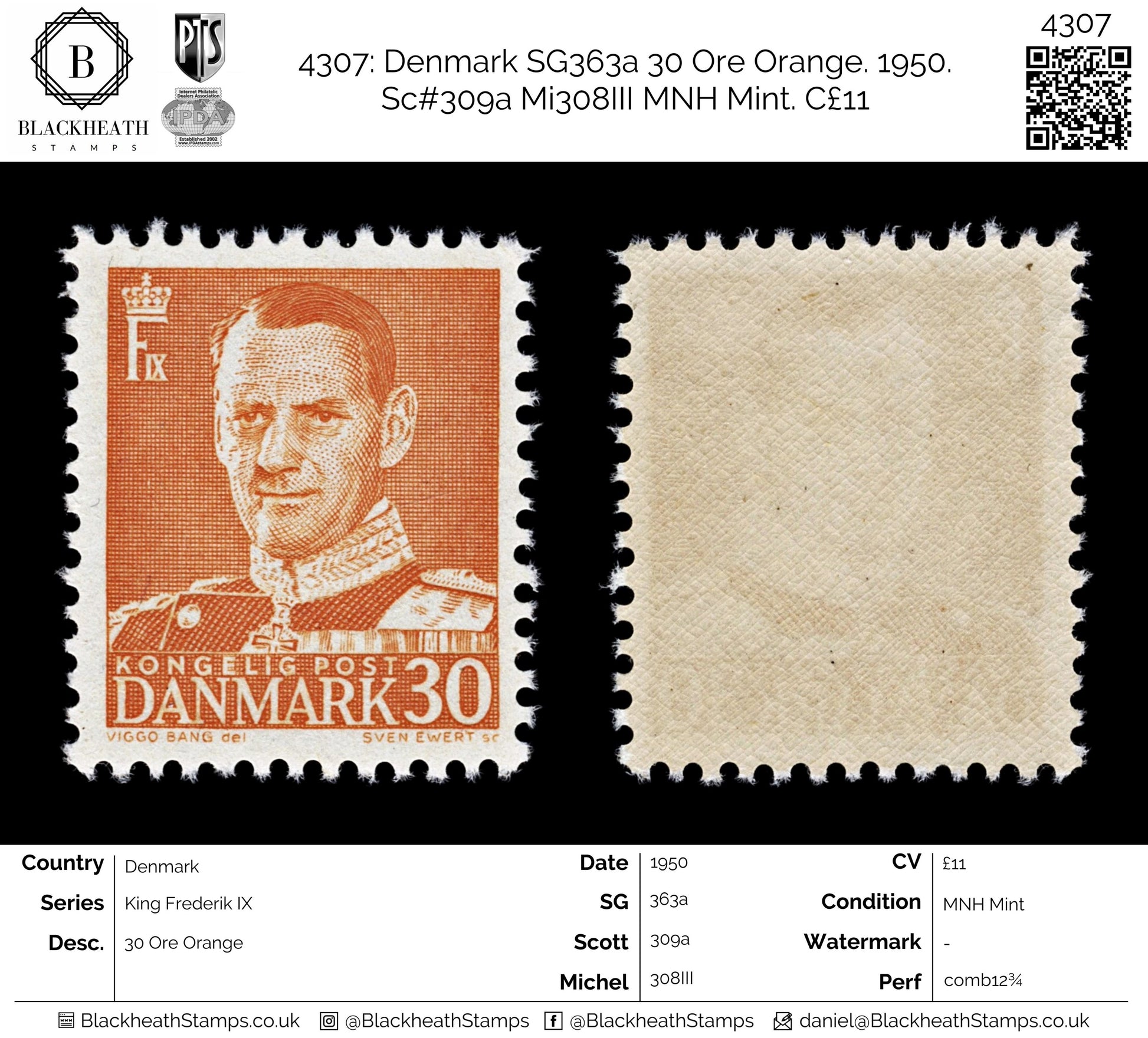 4307 Denmark SG363a 30 Ore Orange. 1950. Sc#309a Mi308III MNH Mint. C£11