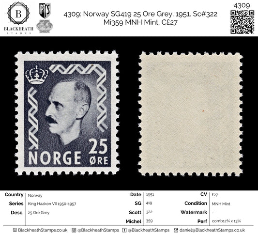 4309 Norway SG419 25 Ore Grey. 1951. Sc#322 Mi359 MNH Mint. C£27