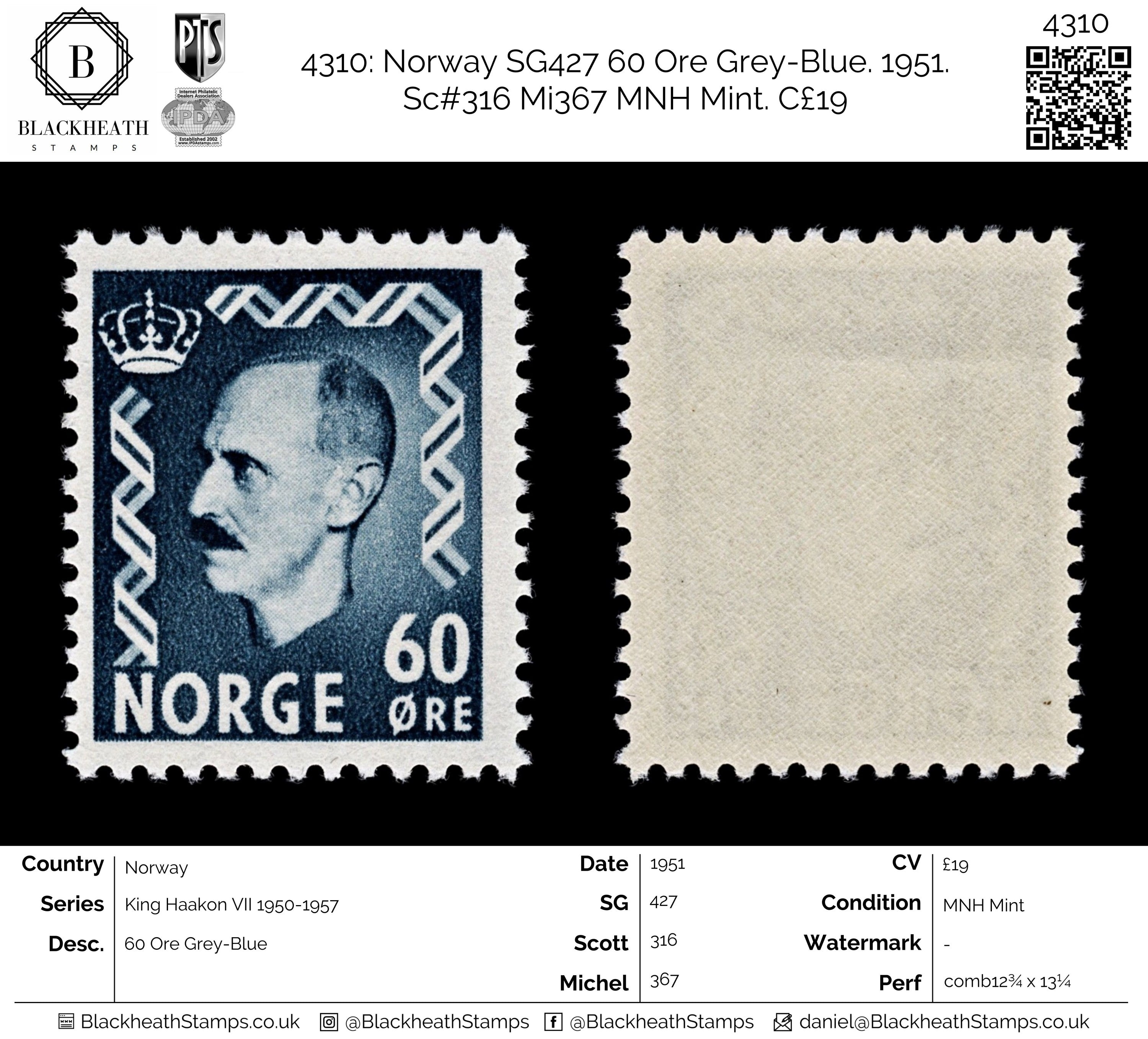 4310 Norway SG427 60 Ore Grey Blue. 1951. Sc 316 Mi367 MNH Mint. C