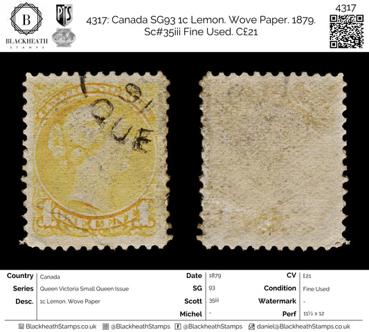 4317 Canada SG93 1c Lemon. Wove Paper. 1879. Sc#35iii Fine Used. C£21