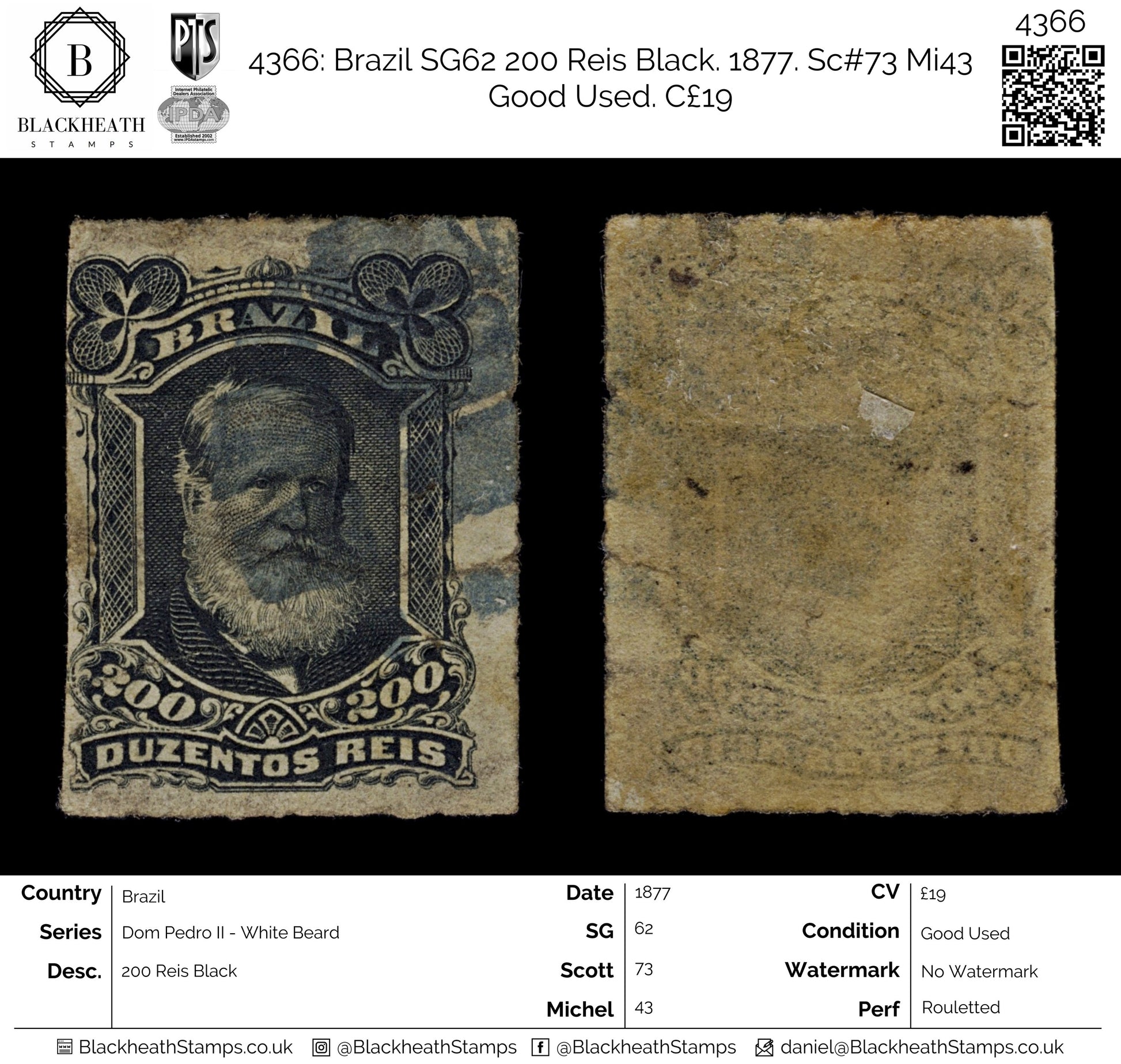 4366 Brazil SG62 200 Reis Black. 1877. Sc#73 Mi43 Good Used. C£19