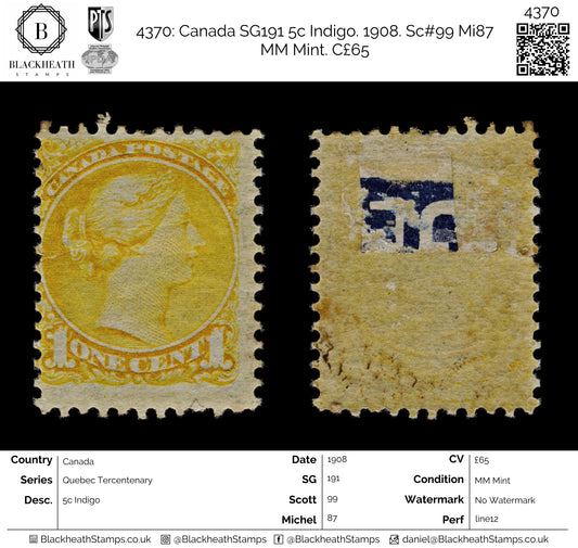 4369 Canada SG75 1c Bright Yellow. Wove Paper. P12. 1870. Sc#35 Mi26aA MM Mint. C£50