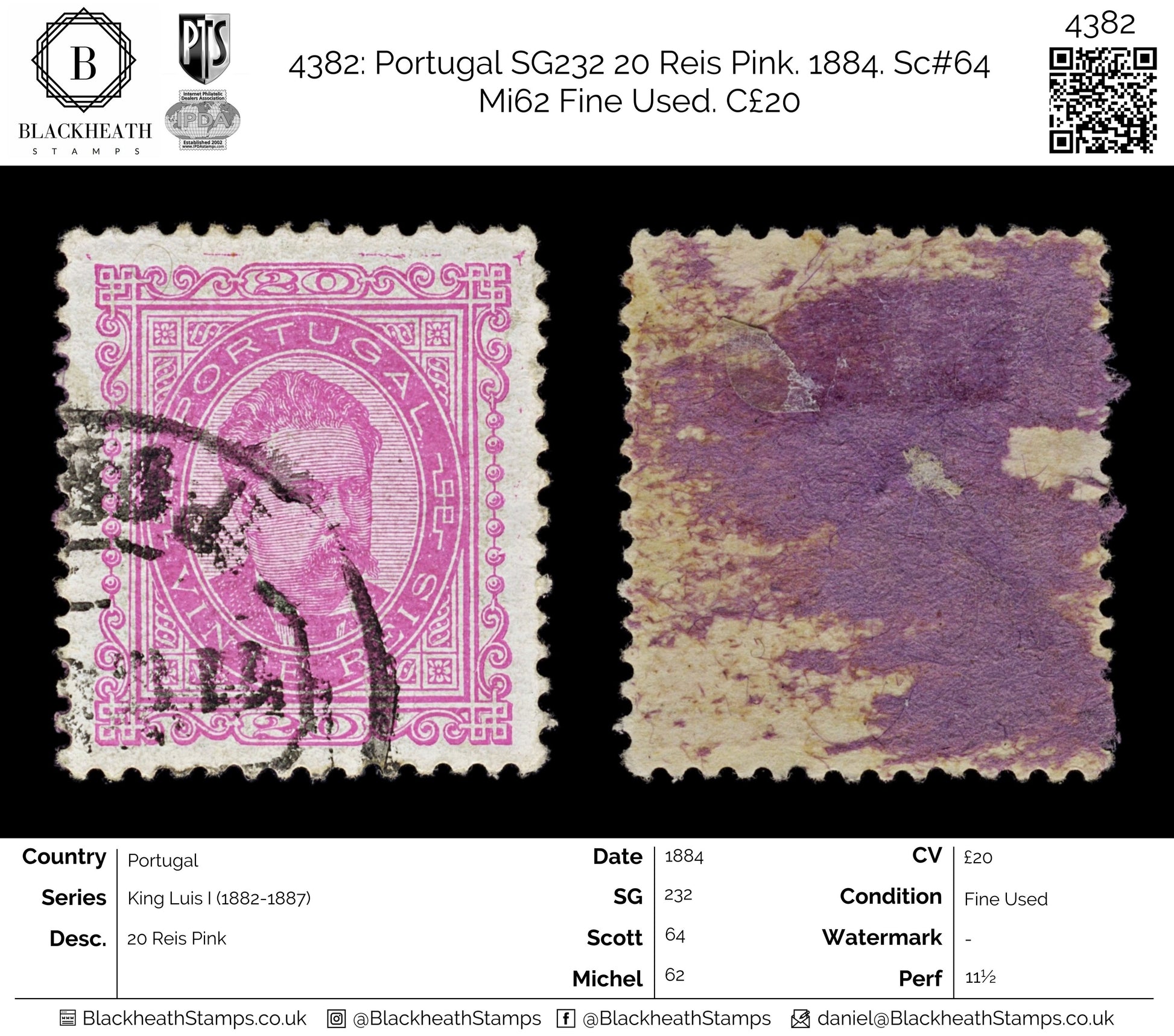 4382 Portugal SG232 20 Reis Pink. 1884. Sc#64 Mi62 Fine Used. C£20