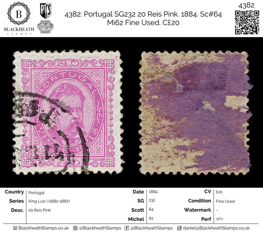 4382 Portugal SG232 20 Reis Pink. 1884. Sc#64 Mi62 Fine Used. C£20