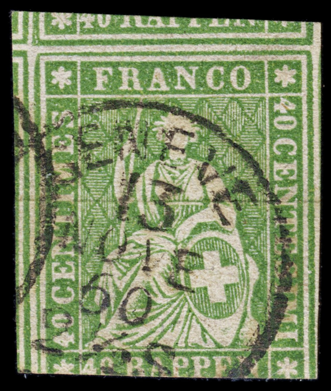 4396 Switzerland SG28a 40c Bright Green. Thin Paper. Green Thread. 1854. Sc#18 Mi17Ia Good Used. C£325