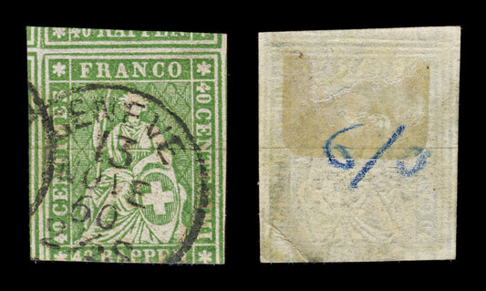 4396 Switzerland SG28a 40c Bright Green. Thin Paper. Green Thread. 1854. Sc#18 Mi17Ia Good Used. C£325