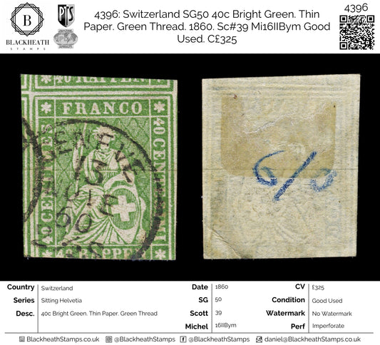 4396 Switzerland SG28a 40c Bright Green. Thin Paper. Green Thread. 1854. Sc#18 Mi17Ia Good Used. C£325