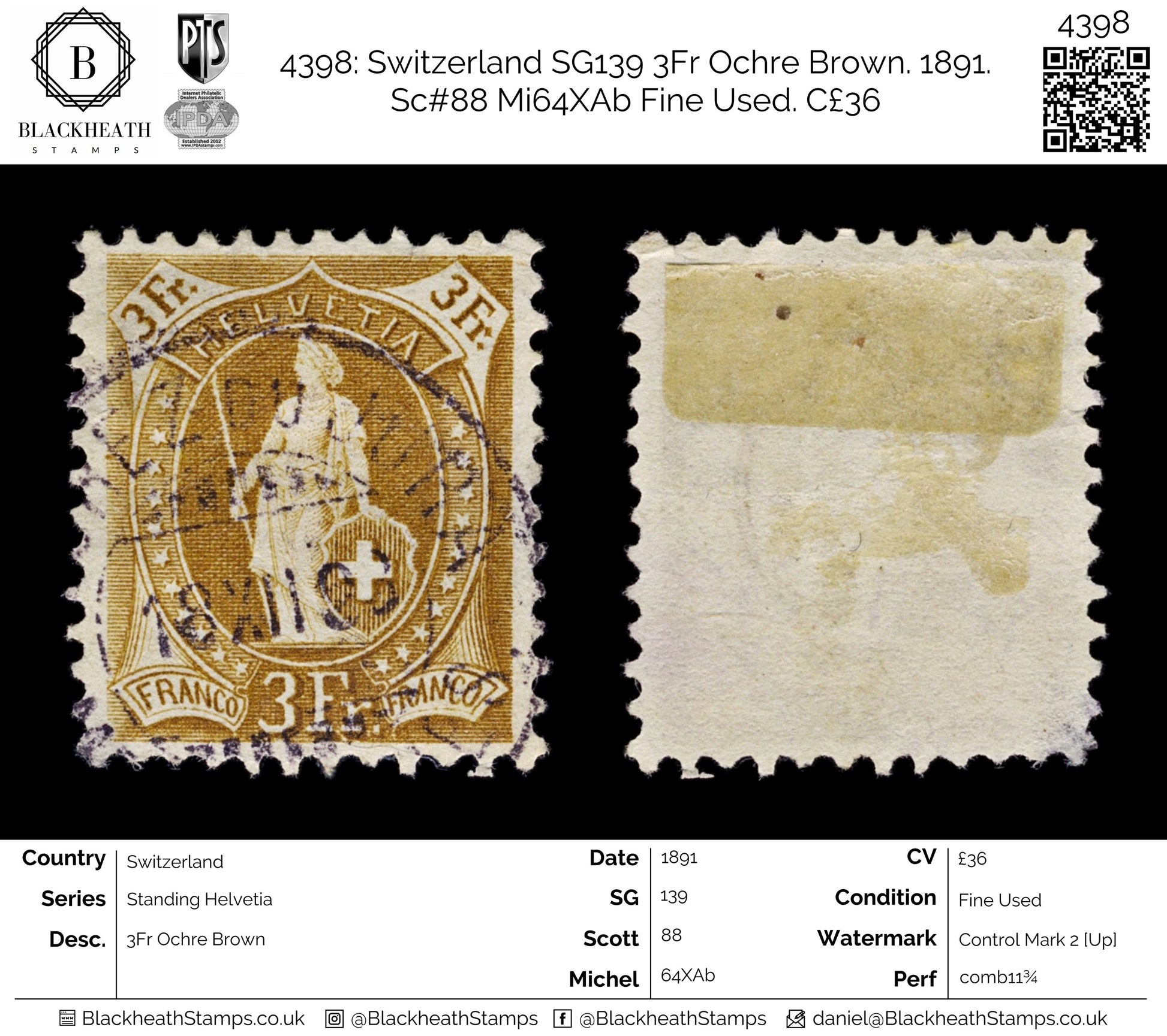 4398 Switzerland SG139 3Fr Ochre Brown. 1891. Sc#88 Mi64XAb Fine Used. C£36