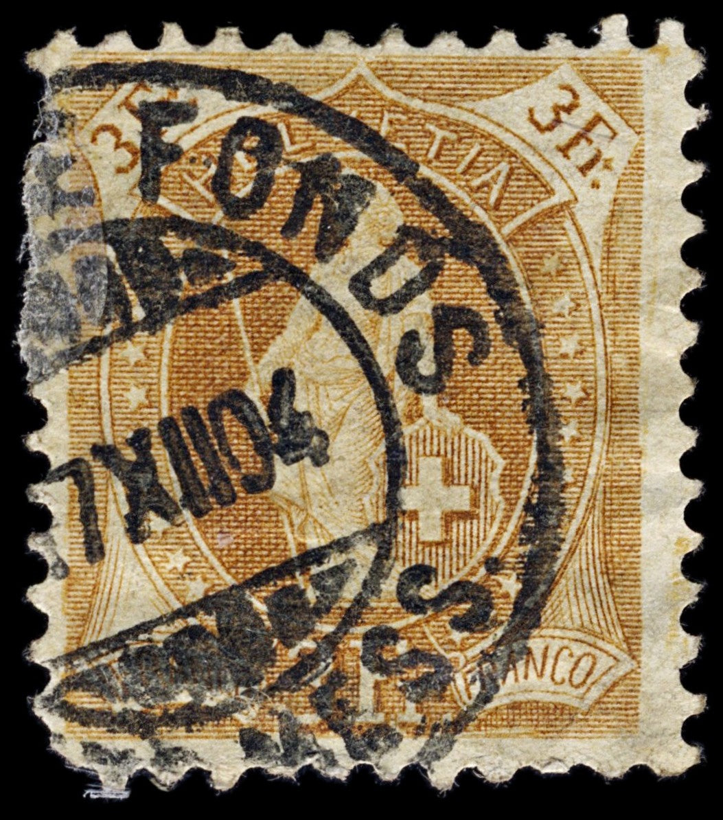 4399 Switzerland SG162 3Fr Ochre Brown. 1902. Sc#88b Mi64YDb Fair Used. C£36