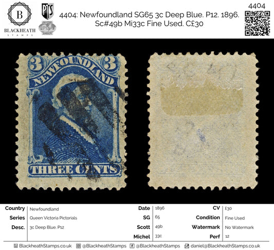 4404 Newfoundland SG65 3c Deep Blue. P12. 1896. Sc#49b Mi33c Fine Used. C£30