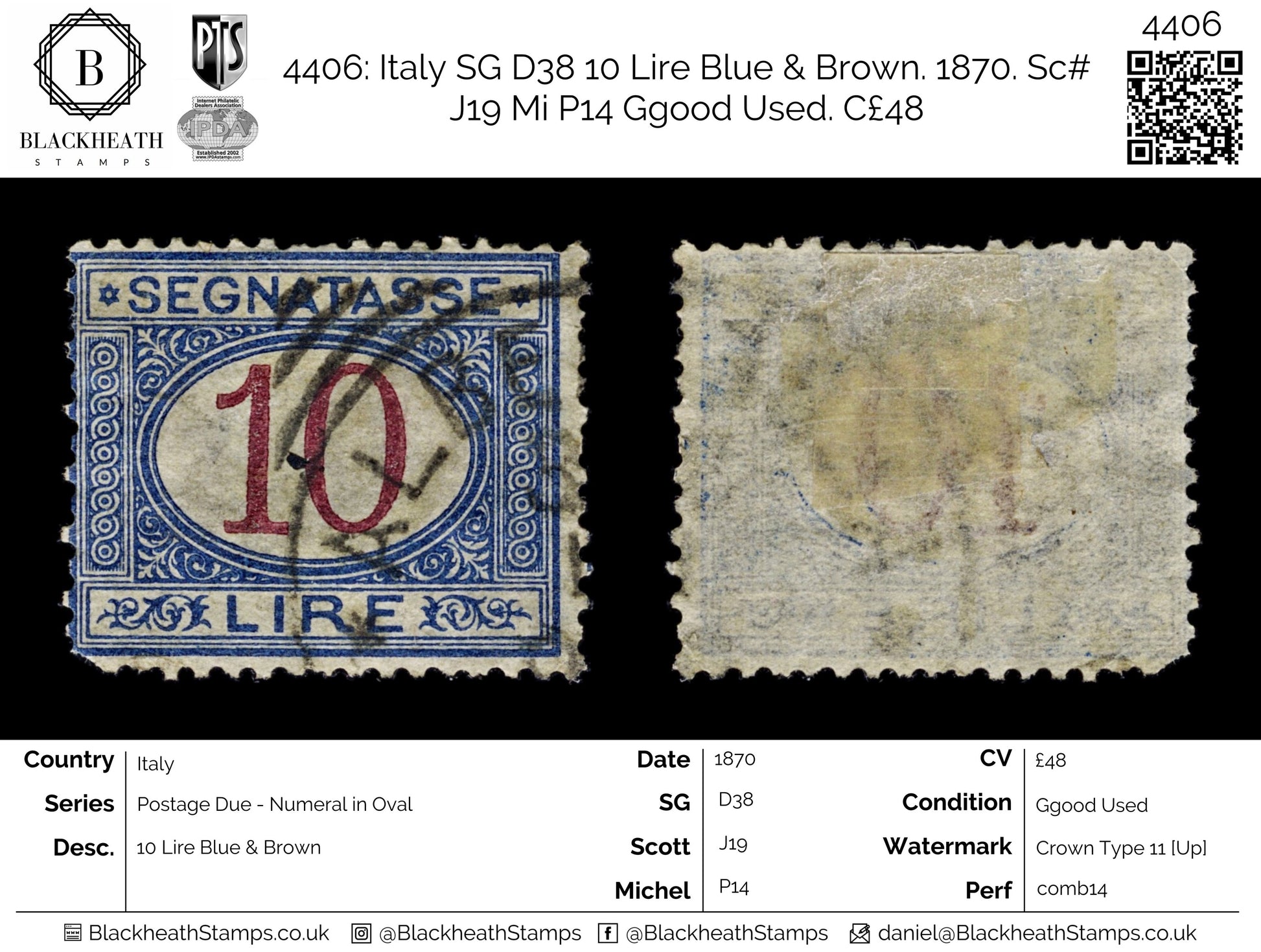 4406 Italy SG D38 10 Lire Blue & Brown. 1870. Sc# J19 Mi P14 Ggood Used. C£48