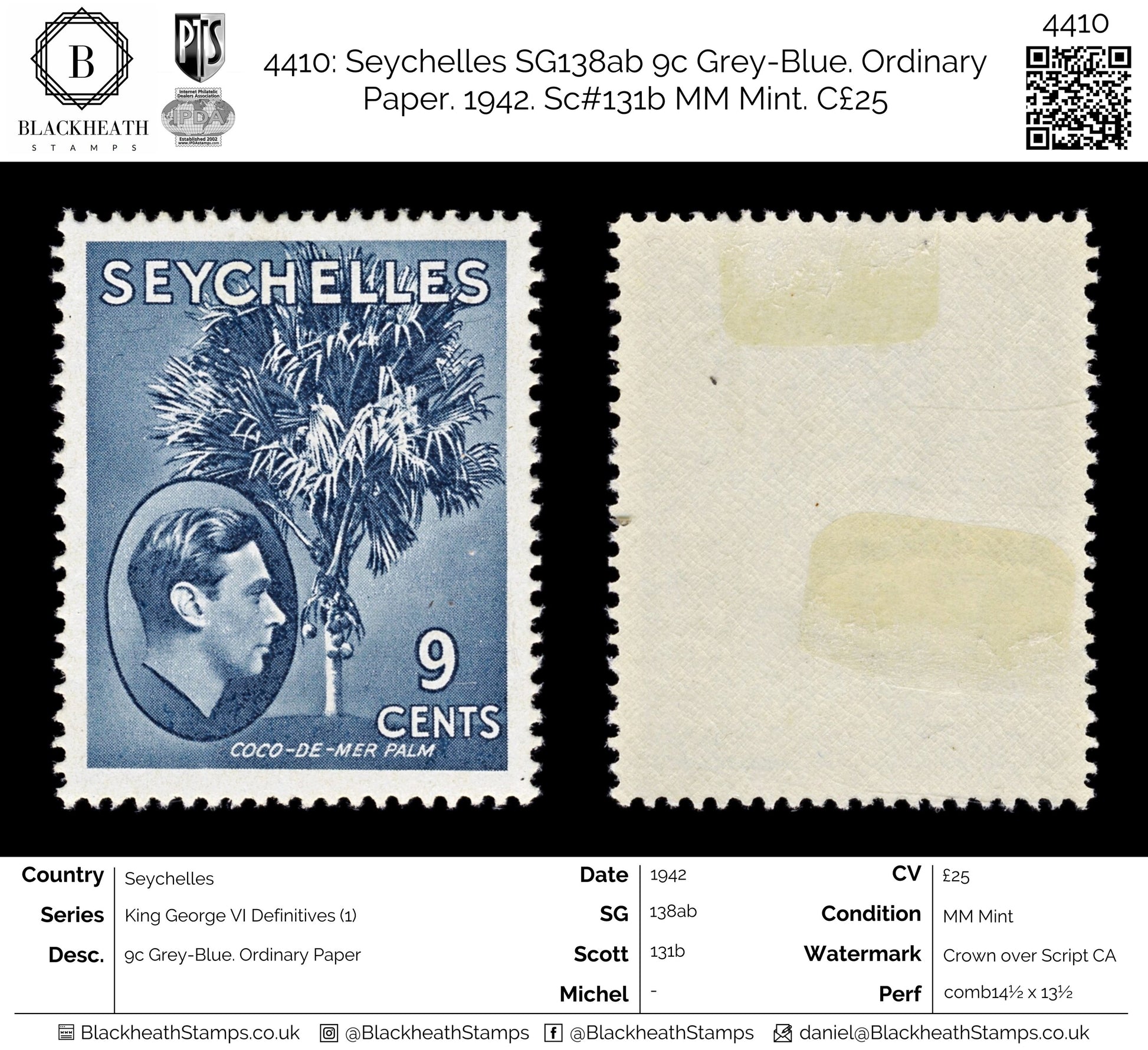 4410 Seychelles SG138ab 9c Grey-Blue. Ordinary Paper. 1942. Sc#131b MM Mint. C£25