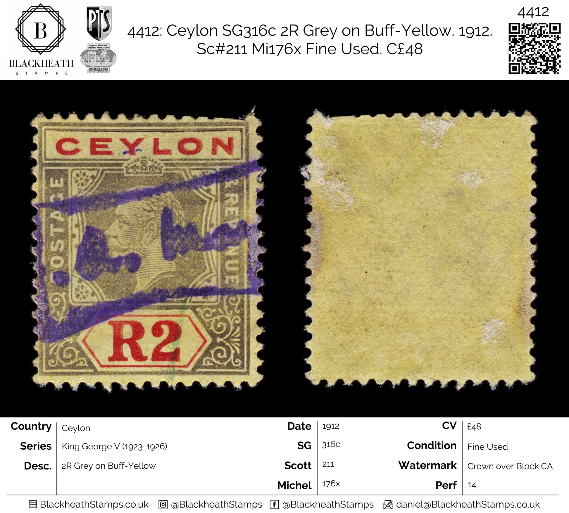 4412 Ceylon SG316c 2R Grey on Buff-Yellow. 1912. Sc#211 Mi176x Fine Used. C£48