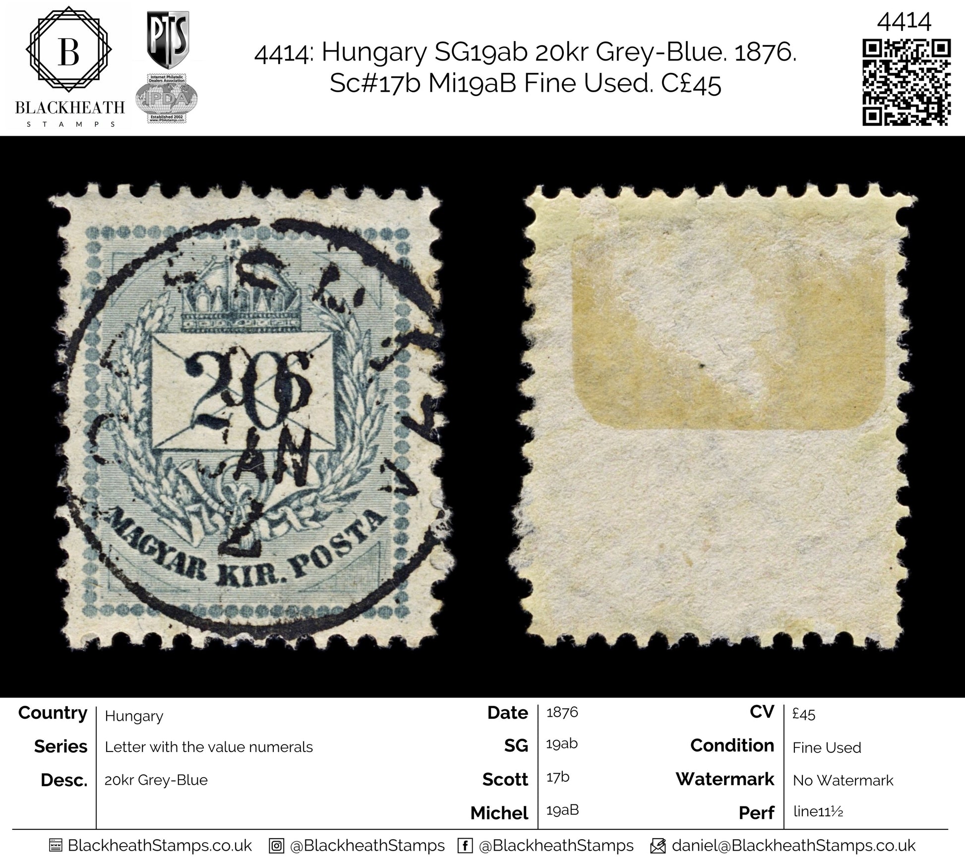 4414 Hungary SG19ab 20kr Grey-Blue. 1876. Sc#17b Mi19aB Fine Used. C£45