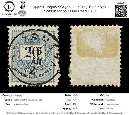 4414 Hungary SG19ab 20kr Grey-Blue. 1876. Sc#17b Mi19aB Fine Used. C£45