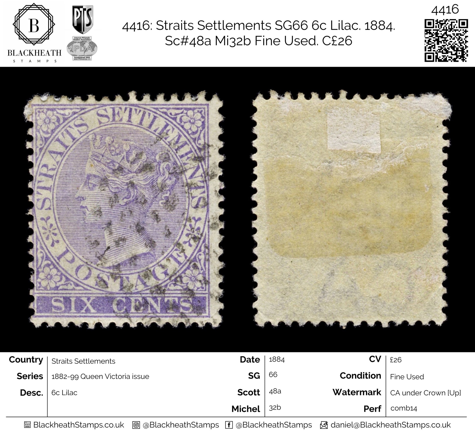 4416 Straits Settlements SG66 6c Lilac. 1884. Sc#48a Mi32b Fine Used. C£26