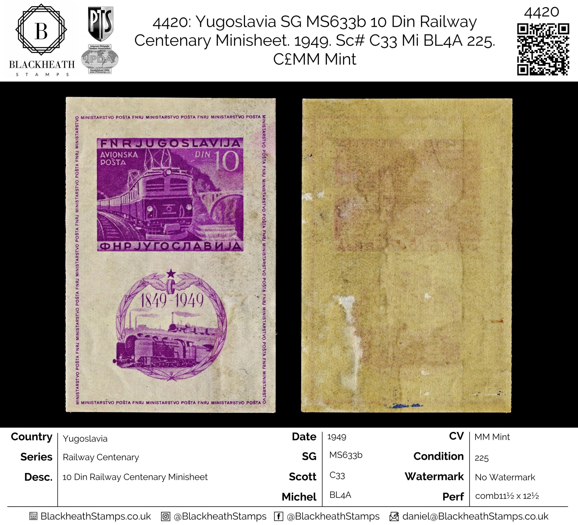 4420 Yugoslavia SG MS633b 10 Din Railway Centenary Minisheet. 1949. Sc# C33 Mi BL4A MM Mint. C£225