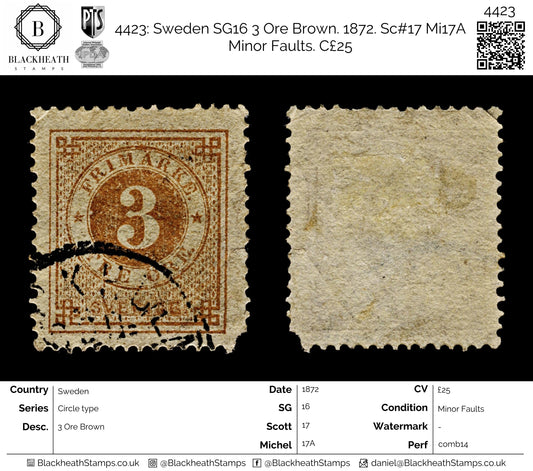 4423 Sweden SG16 3 Ore Brown. 1872. Sc#17 Mi17A Minor Faults. C£25