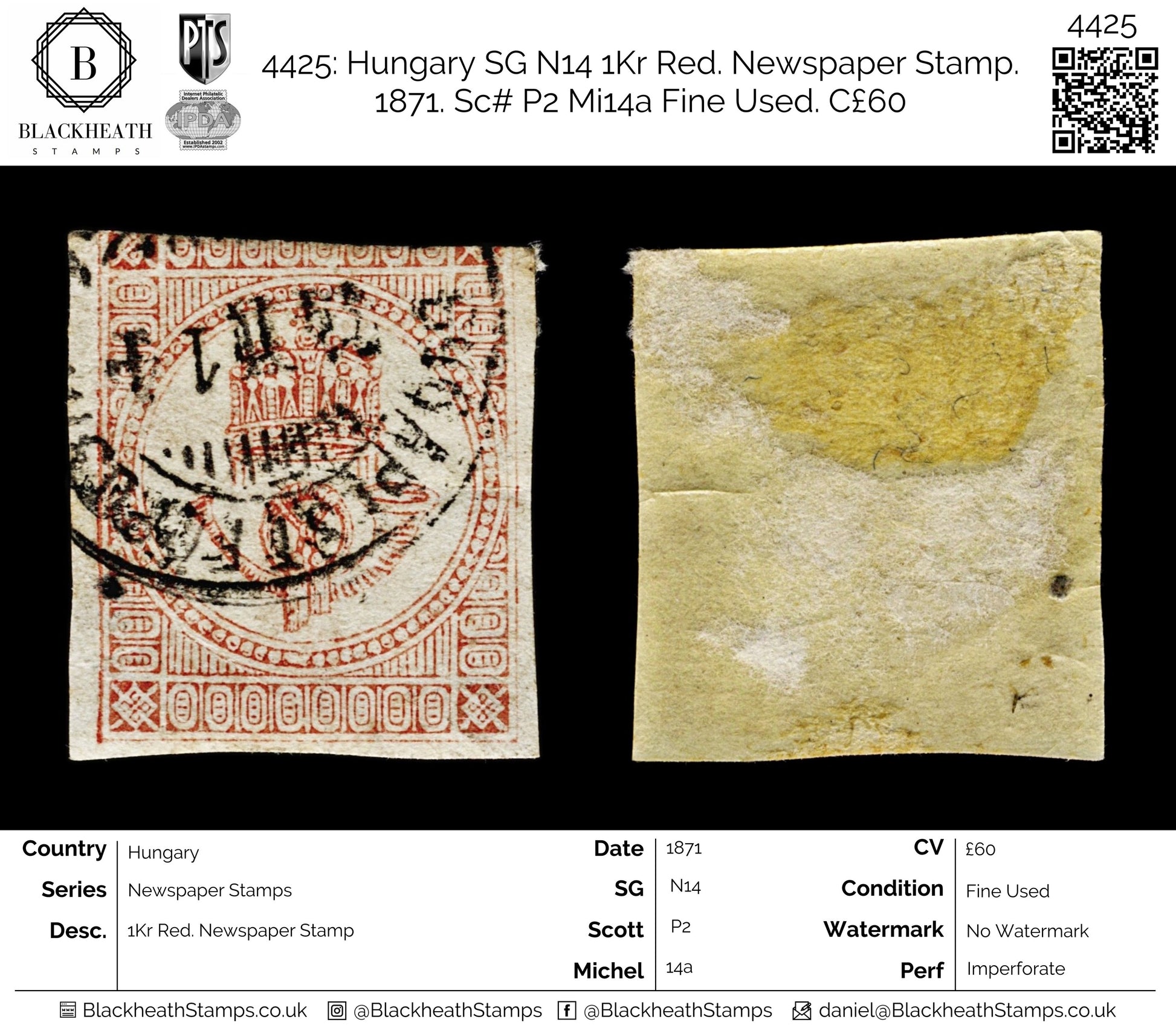 4425 Hungary SG N14 1Kr Red. Newspaper Stamp. 1871. Sc# P2 Mi14a Fine Used. C£60