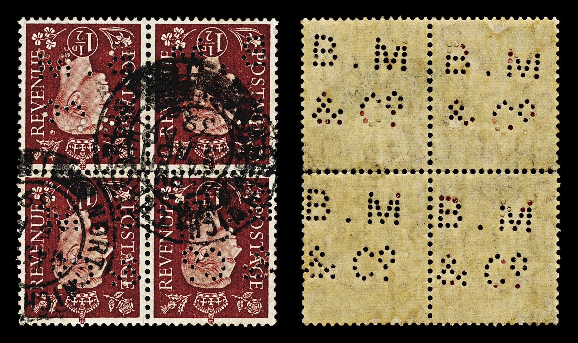 4431 GB SG464wi 1½d Brown. NON-BOOKLET Inverted Watermark Block. 1938. Mi200Z Fine Used. C£100