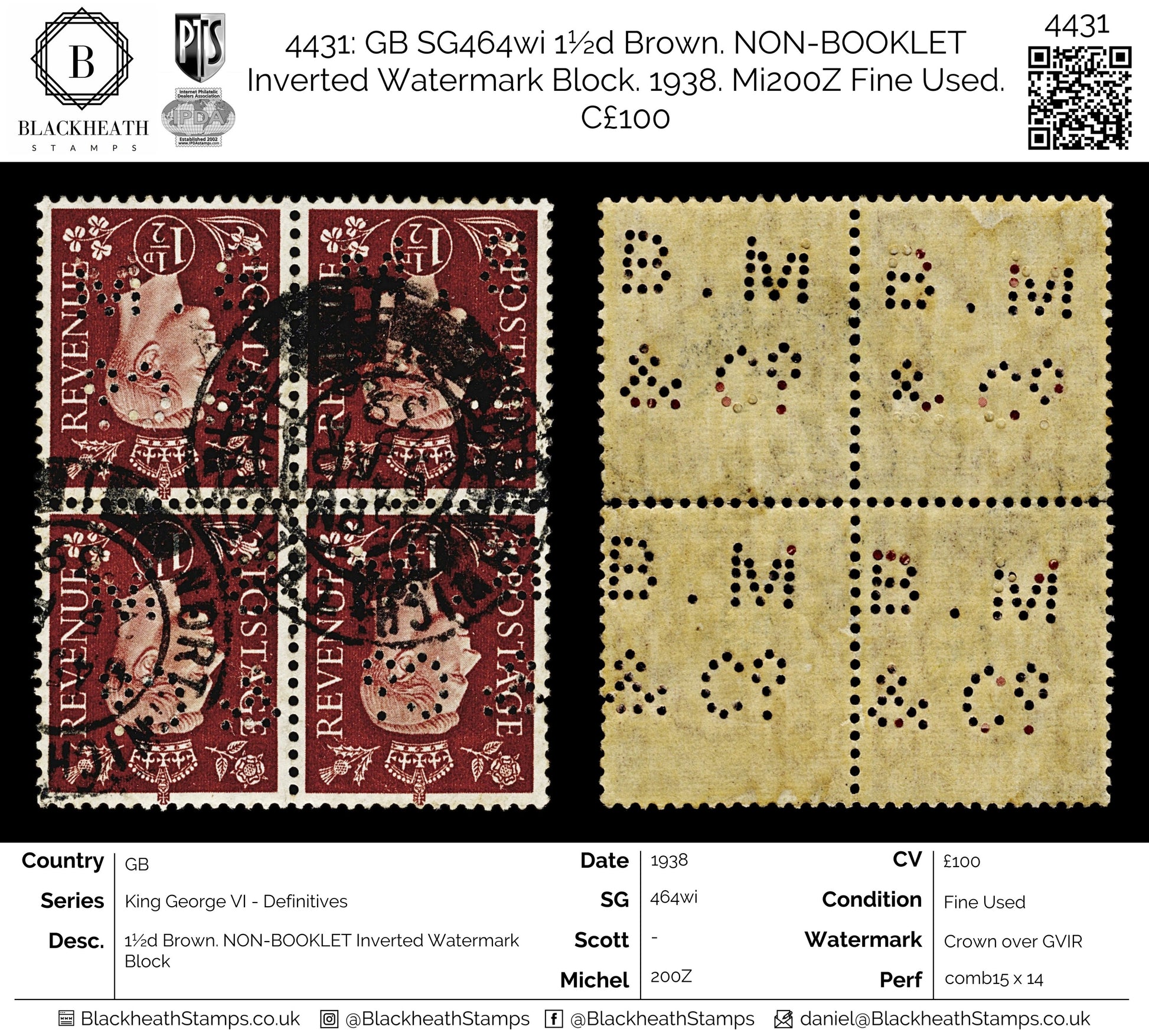 4431 GB SG464wi 1½d Brown. NON-BOOKLET Inverted Watermark Block. 1938. Mi200Z Fine Used. C£100