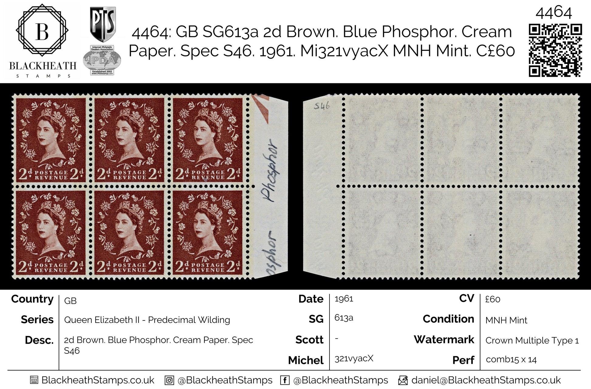 4464 GB SG613a 2d Brown. Blue Phosphor. Cream Paper. Spec S46. 1961. Mi321vyacX MNH Mint. C£60