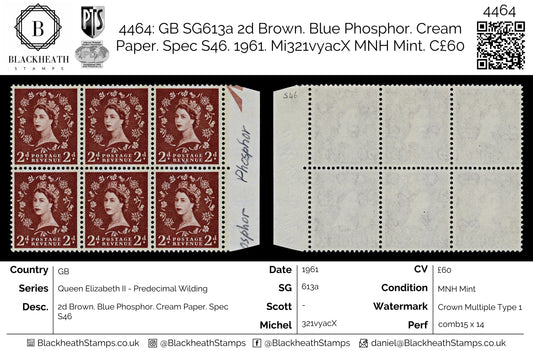 4464 GB SG613a 2d Brown. Blue Phosphor. Cream Paper. Spec S46. 1961. Mi321vyacX MNH Mint. C£60