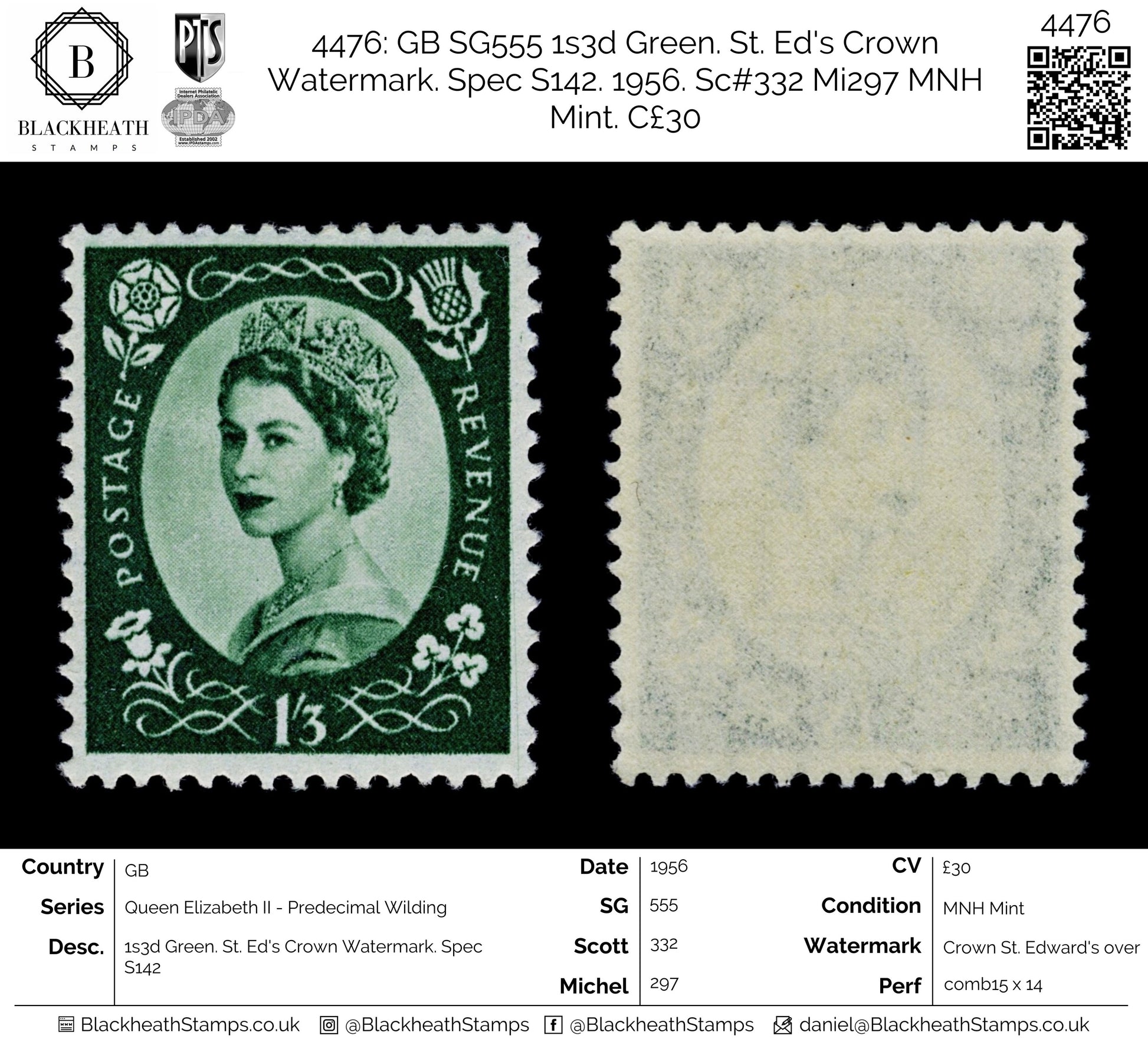 4476 GB SG555 1s3d Green. St. Ed's Crown Watermark. Spec S142. 1956. Sc#332 Mi297 MNH Mint. C£30