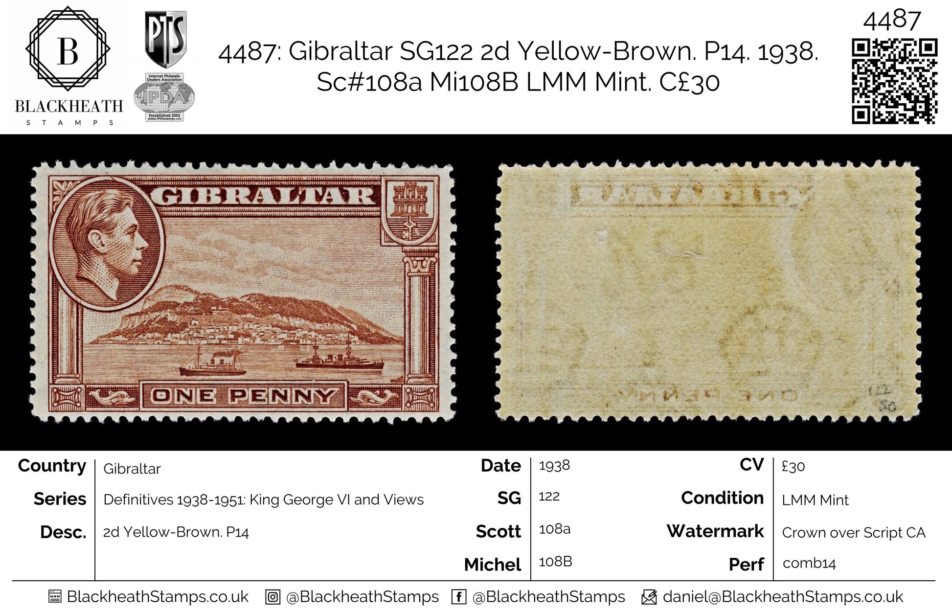 4487 Gibraltar SG122 2d Yellow-Brown. P14. 13989. Sc#108a Mi108B LMM Mint. C£30