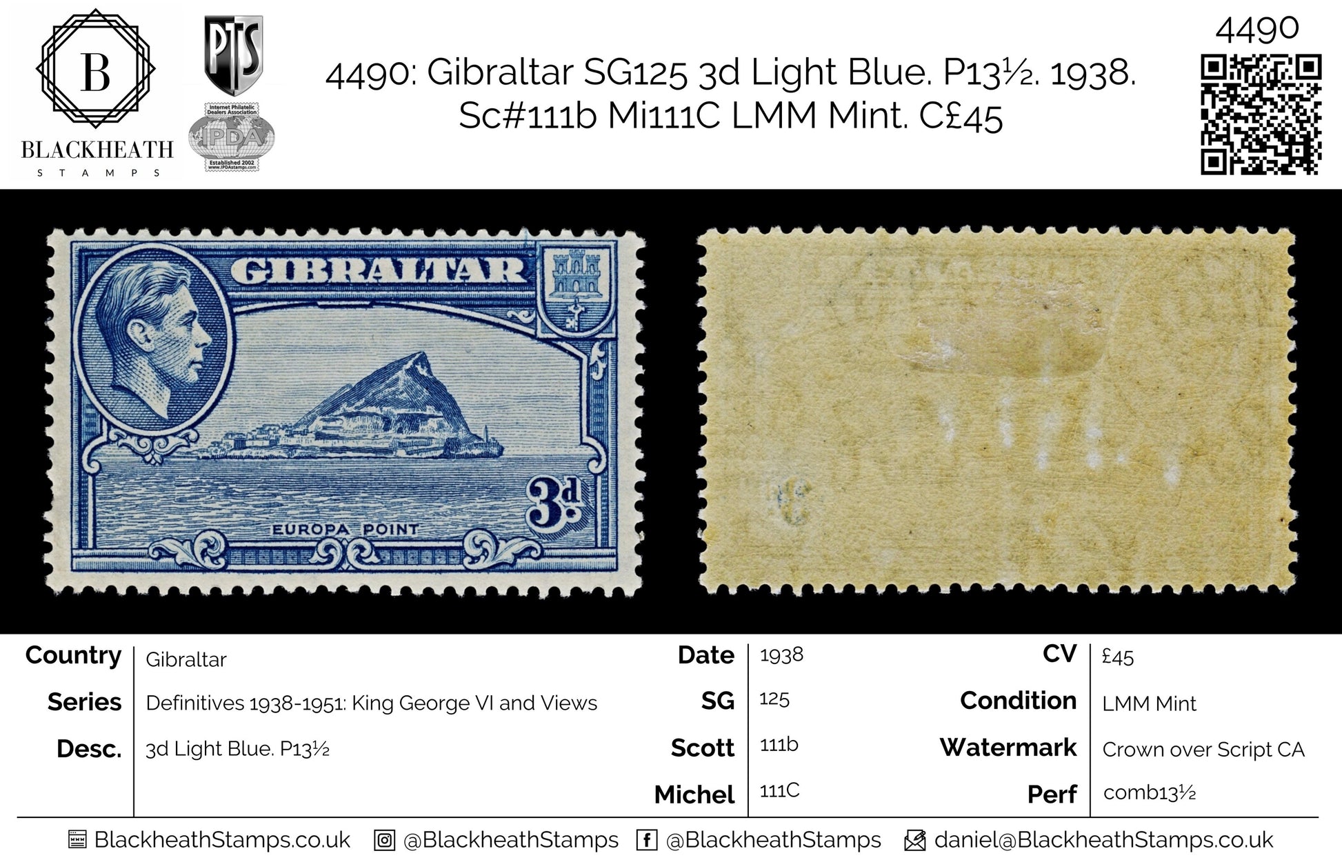 4490 Gibraltar SG125 3d Light Blue. P13½. 1938. Sc#111b Mi111C LMM Mint. C£45