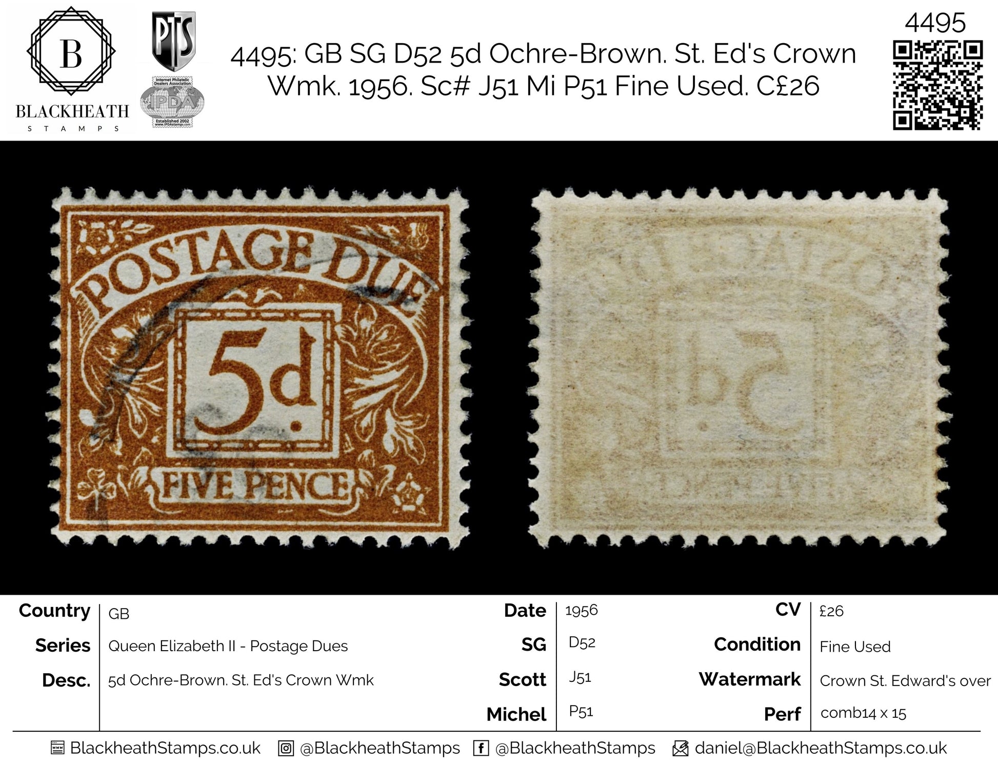 4495 GB SG D52 5d Ochre-Brown. St. Ed's Crown Wmk. 20537. Sc# J51 Mi P51 Fine Used. C£26