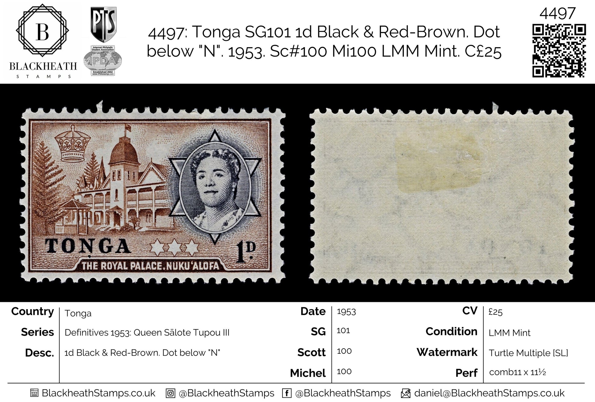 4497 Tonga SG101 1d Black & Red-Brown. Dot below "N". 1953. Sc#100 Mi100 LMM Mint. C£25