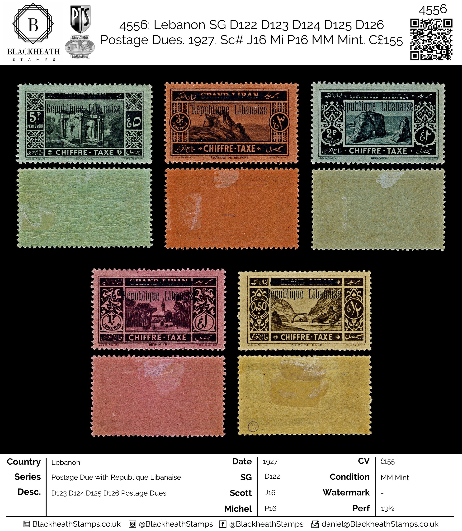 4556 Lebanon SG D122 D123 D124 D125 D126 Postage Dues. 1927. Sc# J16 Mi P16 MM Mint. C£155