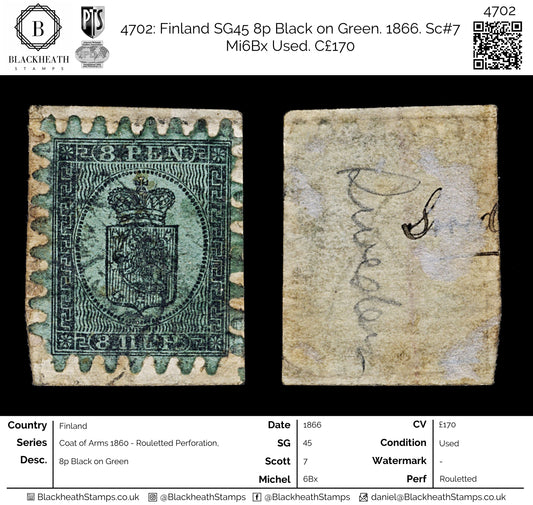 4702 Finland SG45 8p Black on Green. 1866. Sc#7 Mi6Bx Used. C£170