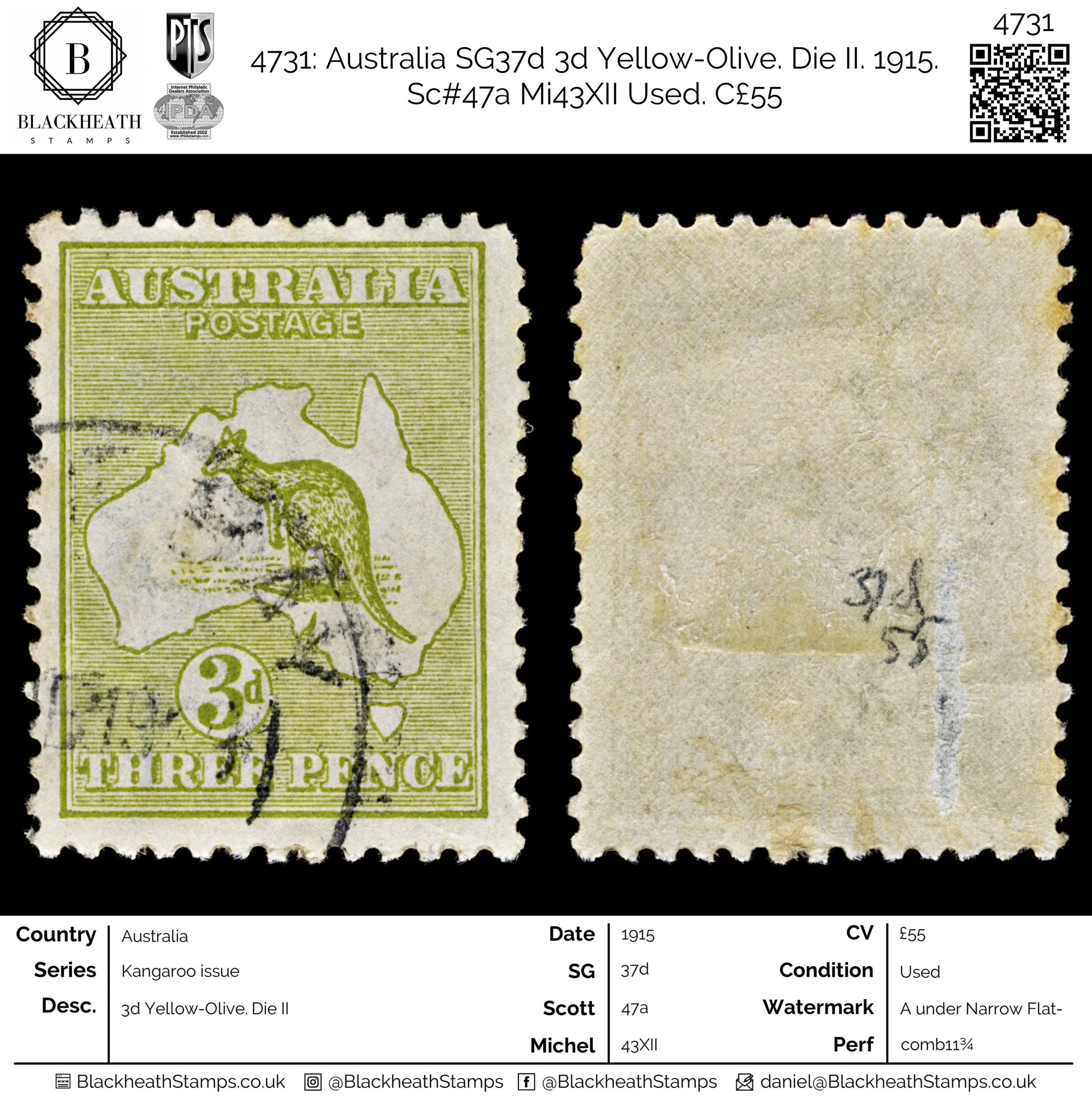 4731 Australia SG37d 3d Yellow-Olive. Die II. 1915. Sc#47a Mi43XII Used. C£55