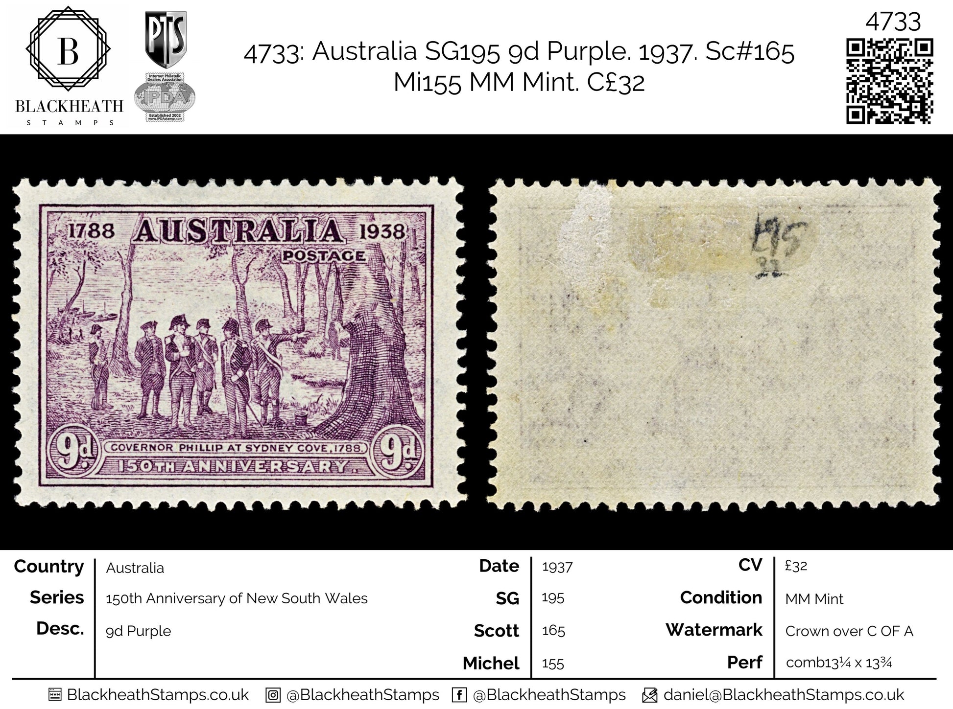 4733 Australia SG195 9d Purple. 1937. Sc#165 Mi155 MM Mint. C£32