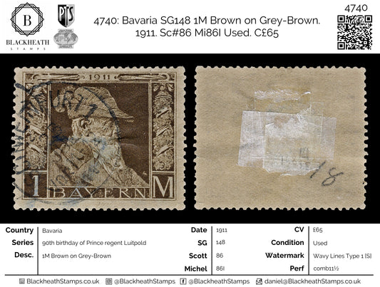 4740 Bavaria SG148 1M Brown on Grey-Brown. 1911. Sc#86 Mi86I Used. C£65