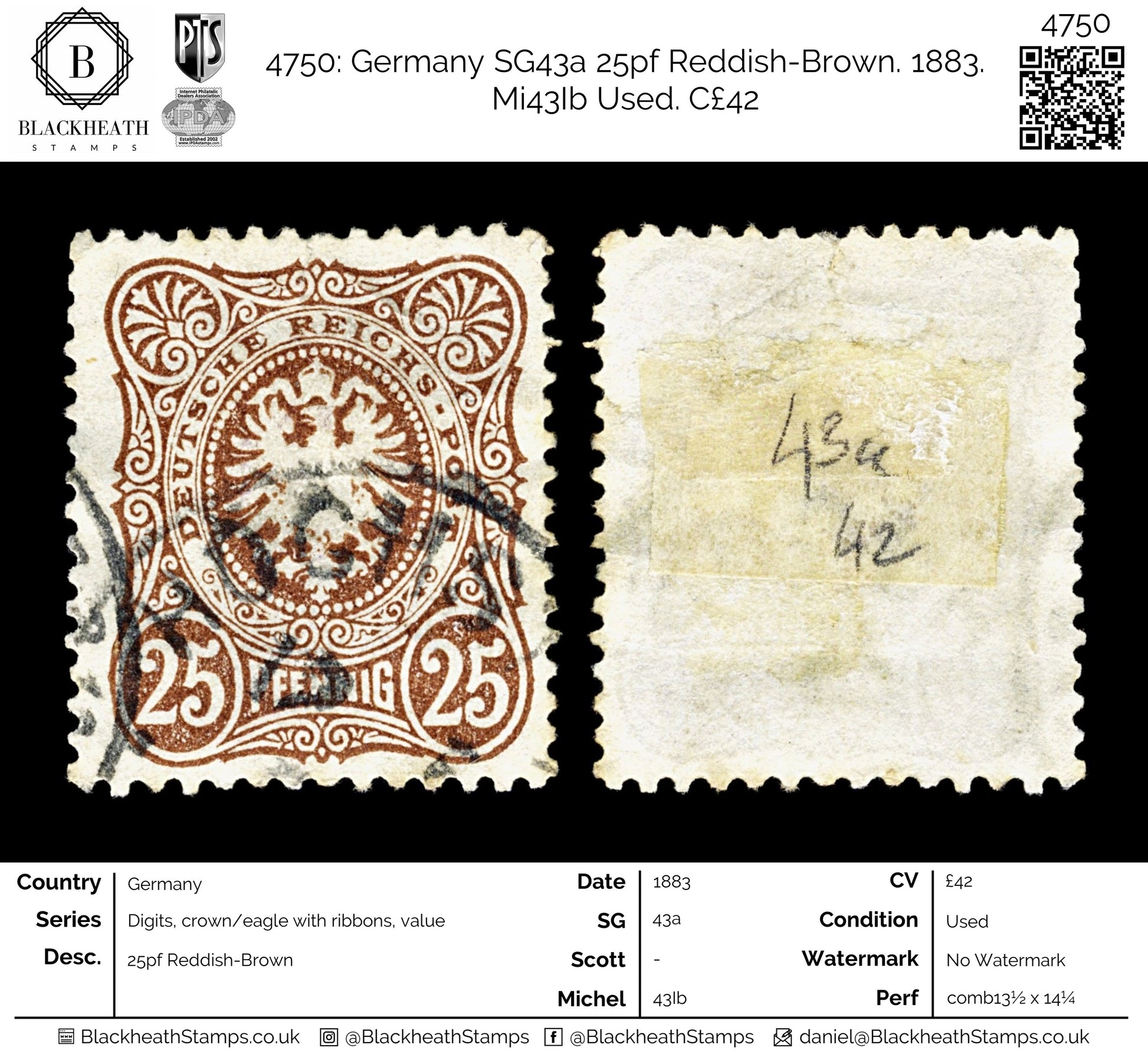 4750 Germany SG43a 25pf Reddish-Brown. 1883. Mi43Ib Used. C£42