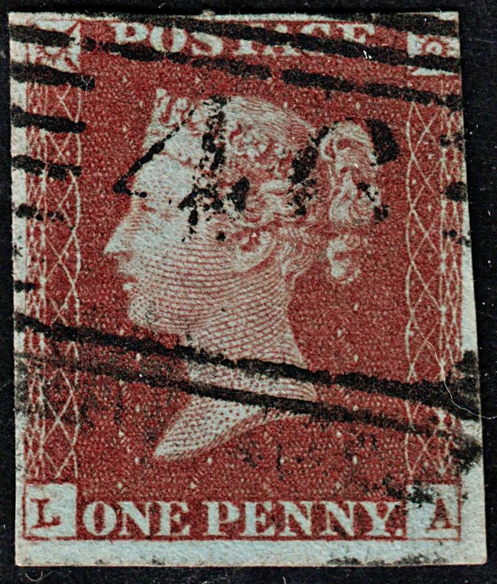 3670 GB 1d Red 1848. SG8 Sc3 Mi3. Spec BS29 Plate 85. "LA". 3½ Margins. c£30