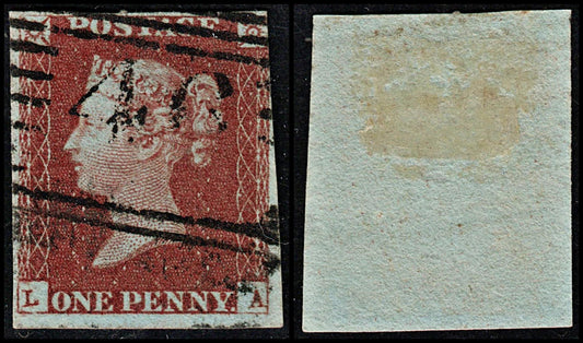 3670 GB 1d Red 1848. SG8 Sc3 Mi3. Spec BS29 Plate 85. "LA". 3½ Margins. c£30