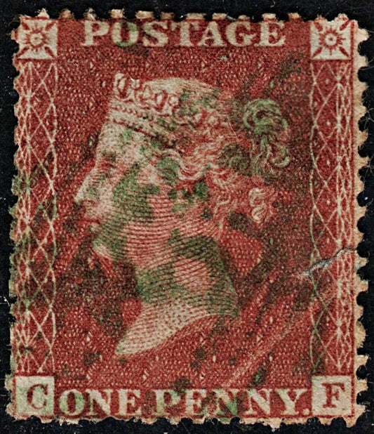 3676 GB 1d Rose-Red 1857. SG38. Spec C10. Extremely Rare Green Cancel. Good. c£1200