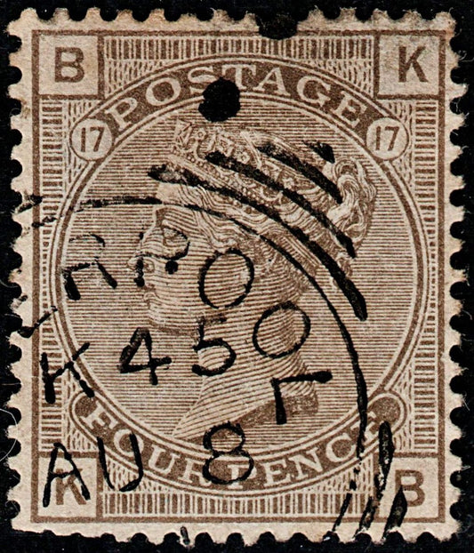 3743 GB 4d Light grey brown 1882. SG160 Sc84 Mi61. Spec J68. Plate 17. "KB". Liverpool squared circle postmark. Fine. c£80