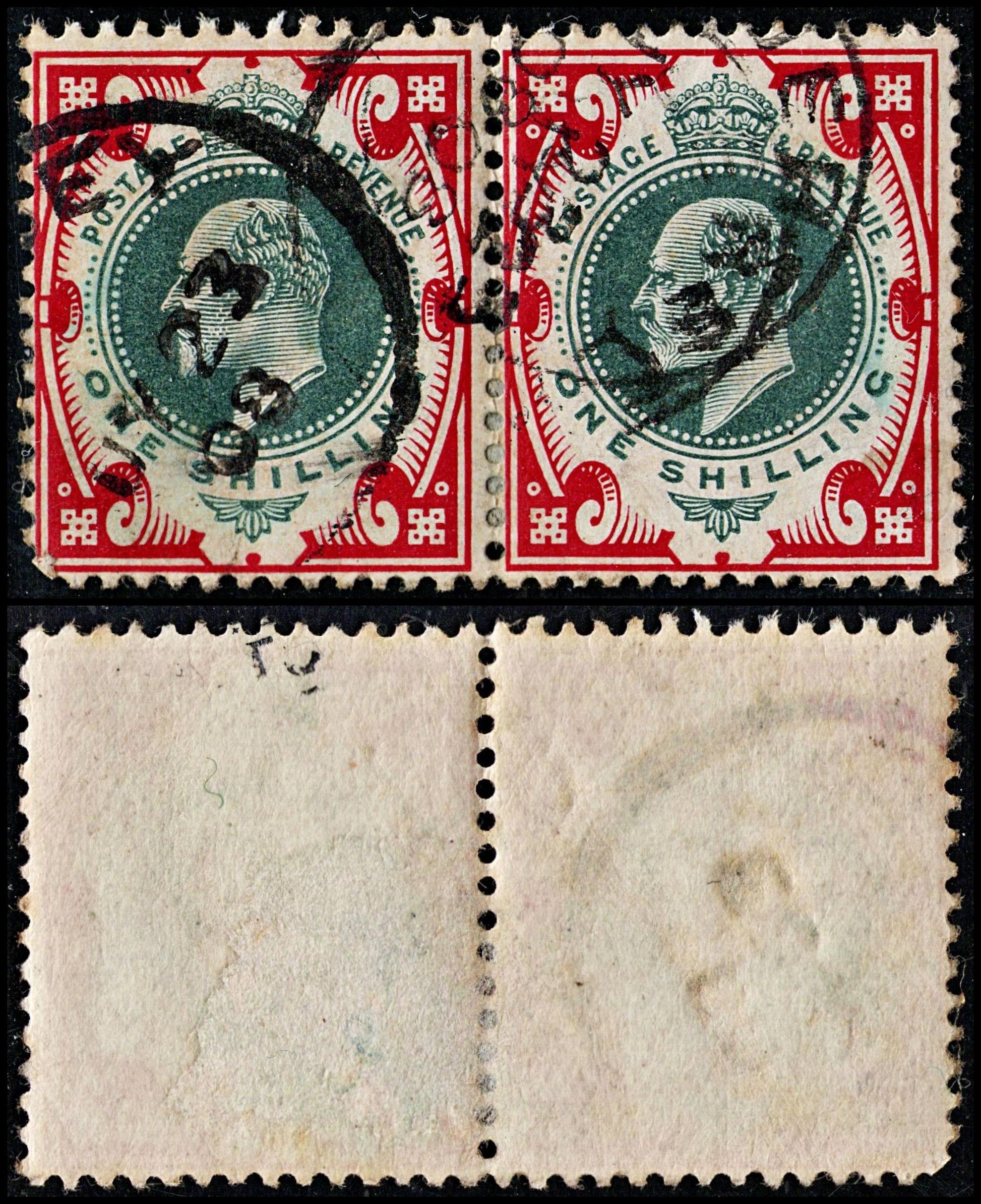 3749 GB 1s Carmine,Dull green 1905. SG257a Mi114Ixa. Spec M46. Pair. Fine. c£100