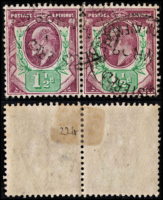 3755 GB 1½d Green & Purple 1905. SG224 Sc129e Mi105Ixb. Spec M9. Pair. Fine. c£50