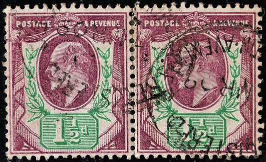 3755 GB 1½d Green & Purple 1905. SG224 Sc129e Mi105Ixb. Spec M9. Pair. Fine. c£50