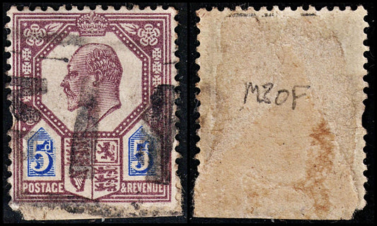 3756 GB 5d Purple,Blue 1911. SG293 Sc134a Mi110IIIb. Spec M30f. Shield Flaw. Good. c£150