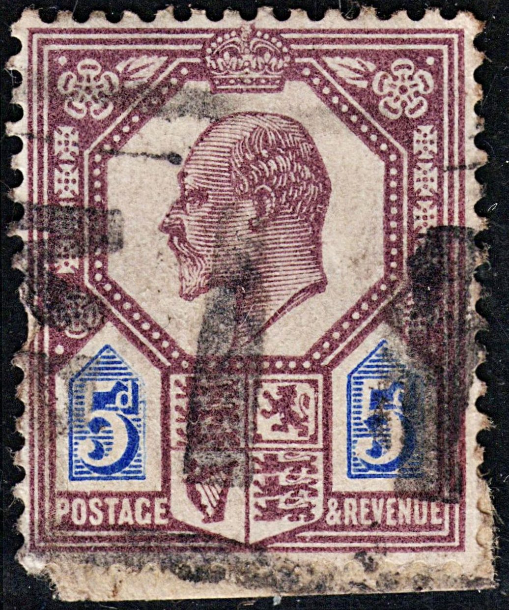 3756 GB 5d Purple,Blue 1911. SG293 Sc134a Mi110IIIb. Spec M30f. Shield Flaw. Good. c£150